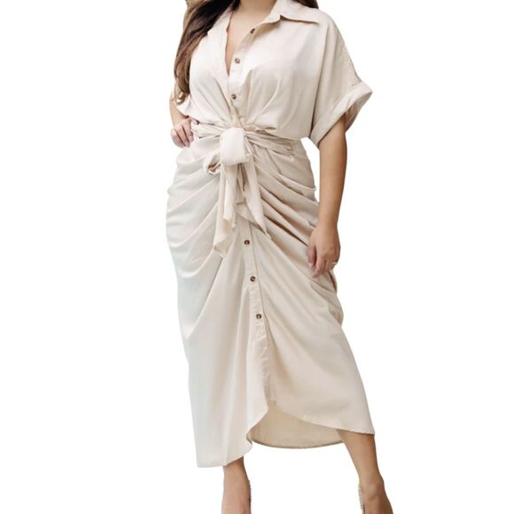 MABLE Cream Satin Drapey Elegant Corpcore Cocktail Button-Down Midi Dress M - Picture 1 of 16